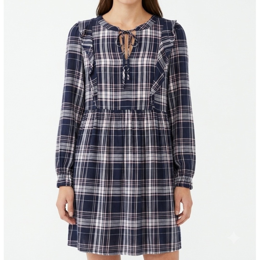 Loft Plaid Babydoll Dress Women MP Navy Blue Pink‎ Ruffle V-Neck Tie Long Sleeve